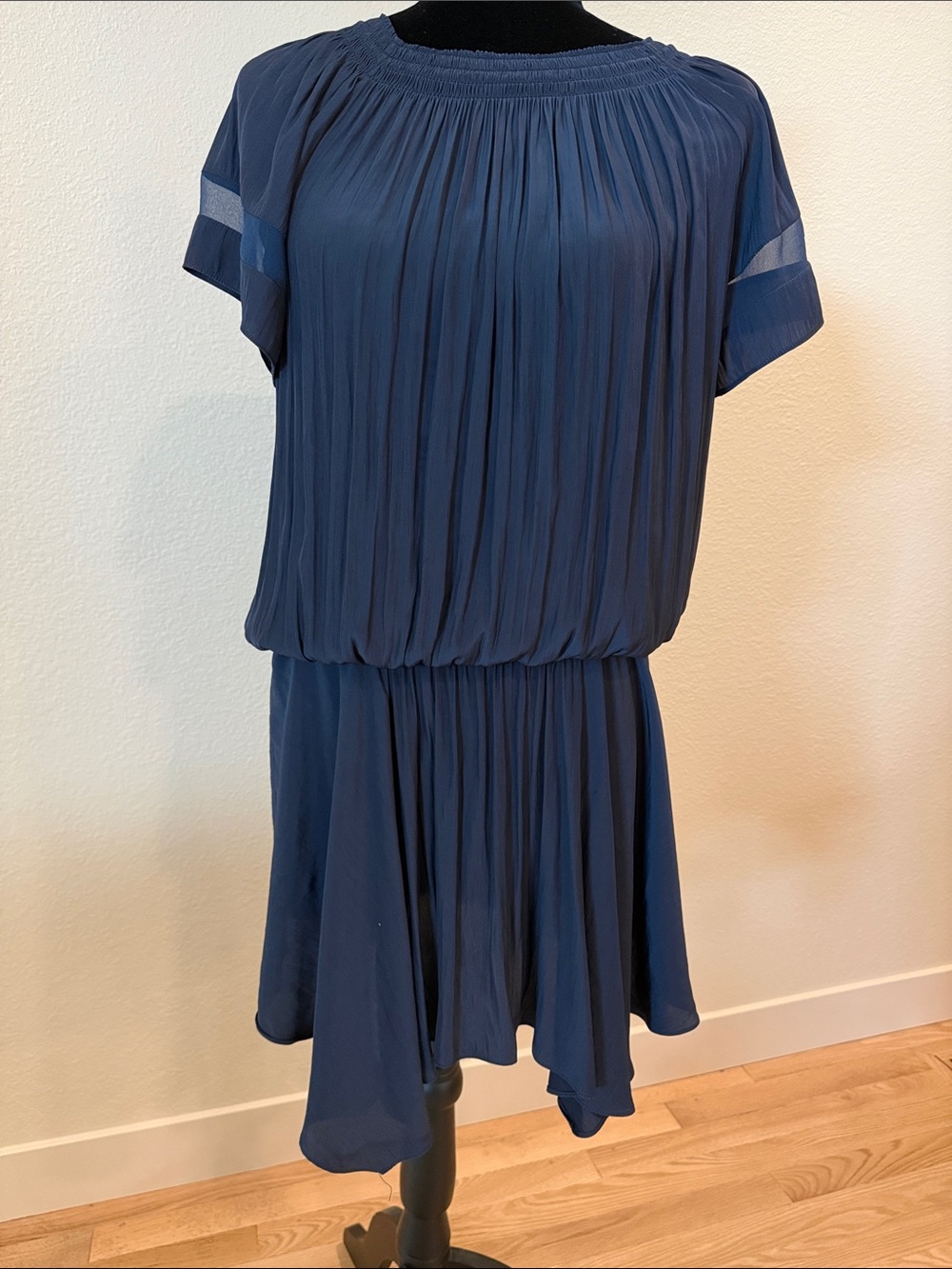 Ramy Brook New York Blouson Dress, Size XS  Navy Dropped Shirred Wa…
